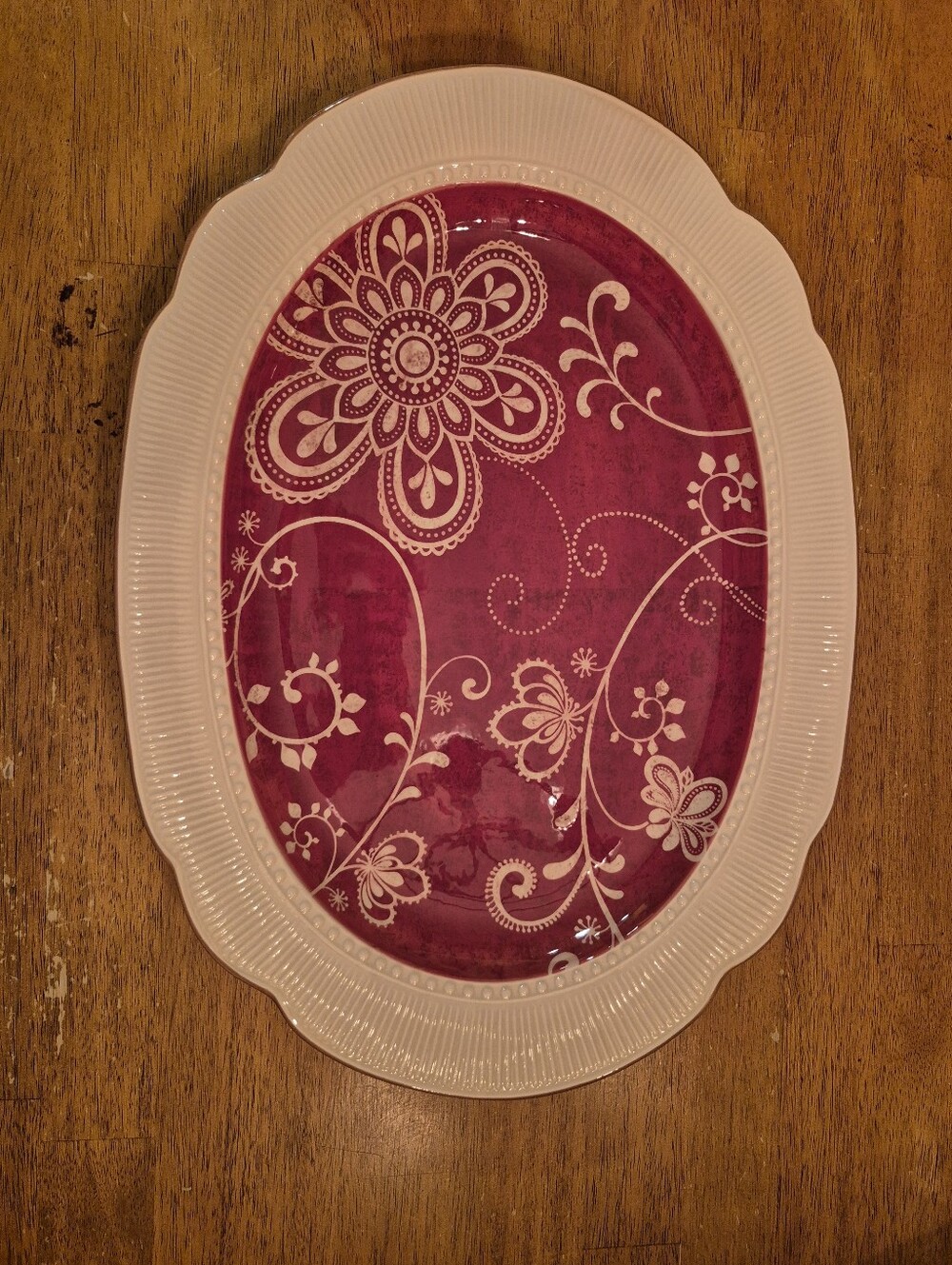 Pier 1 White Maribeth Rimmed Platter with Fuchsia Floral Center- 18 Inches